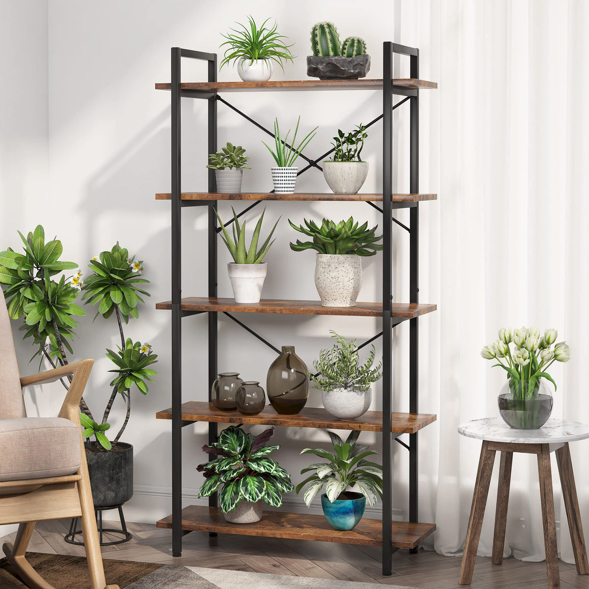 5 Tier Industrial Bookshelf with Metal Frame V702