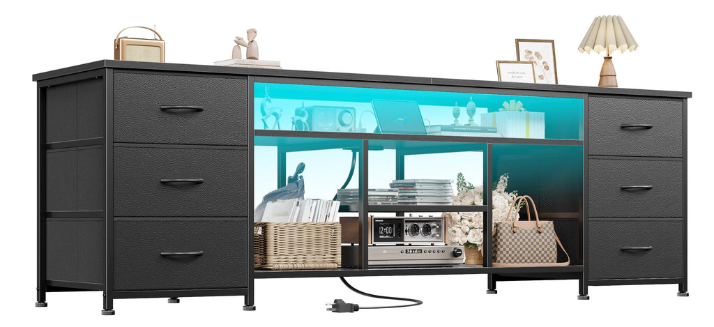 Black Dresser TV Stand with LED Lights & Charging Station D7615