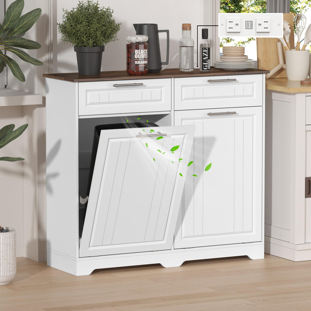Double 10 Gallon Tilt Out Trash Can Cabinet with Power Outlet, White E692