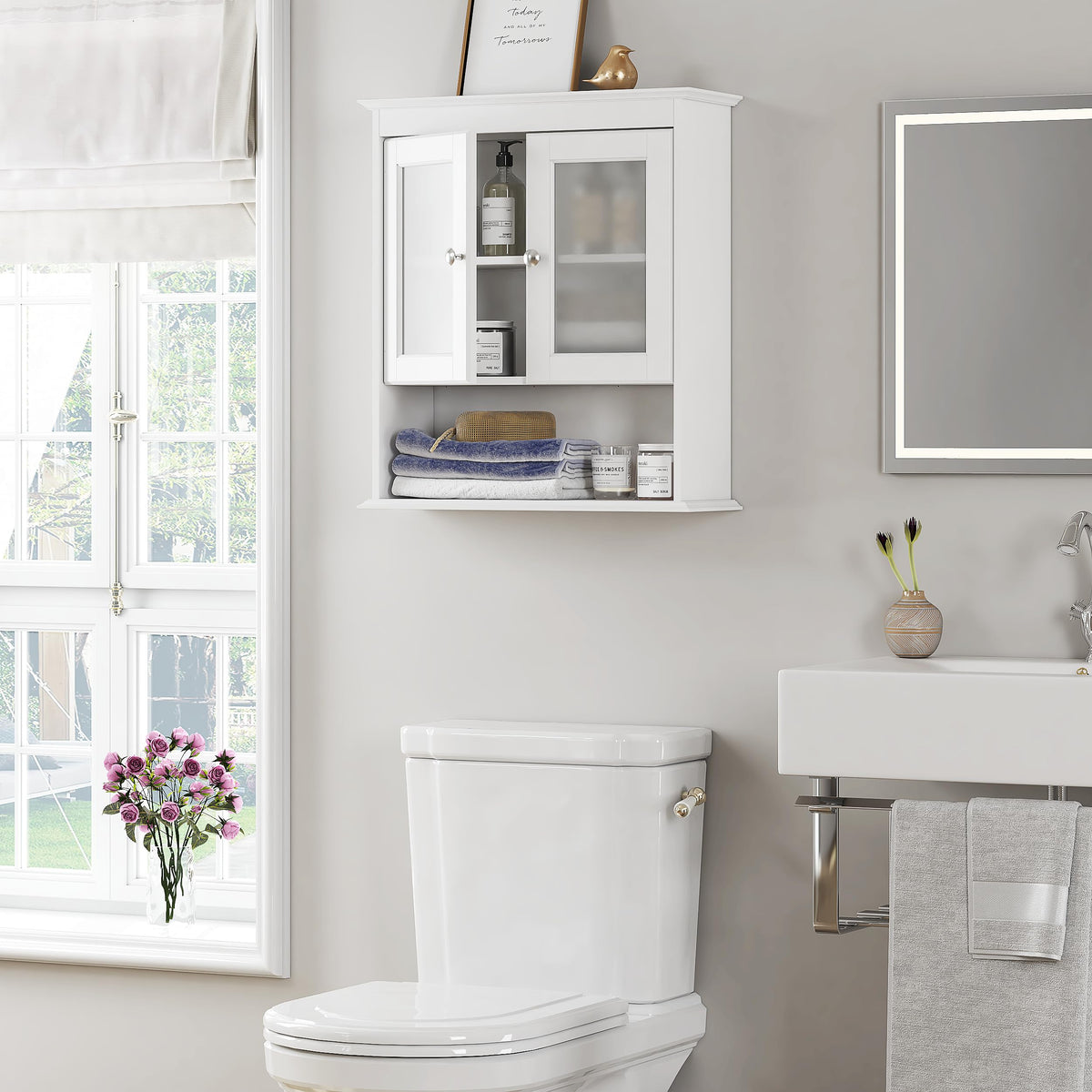 White Bathroom Wall Cabinet with Glass Doors Q489759
