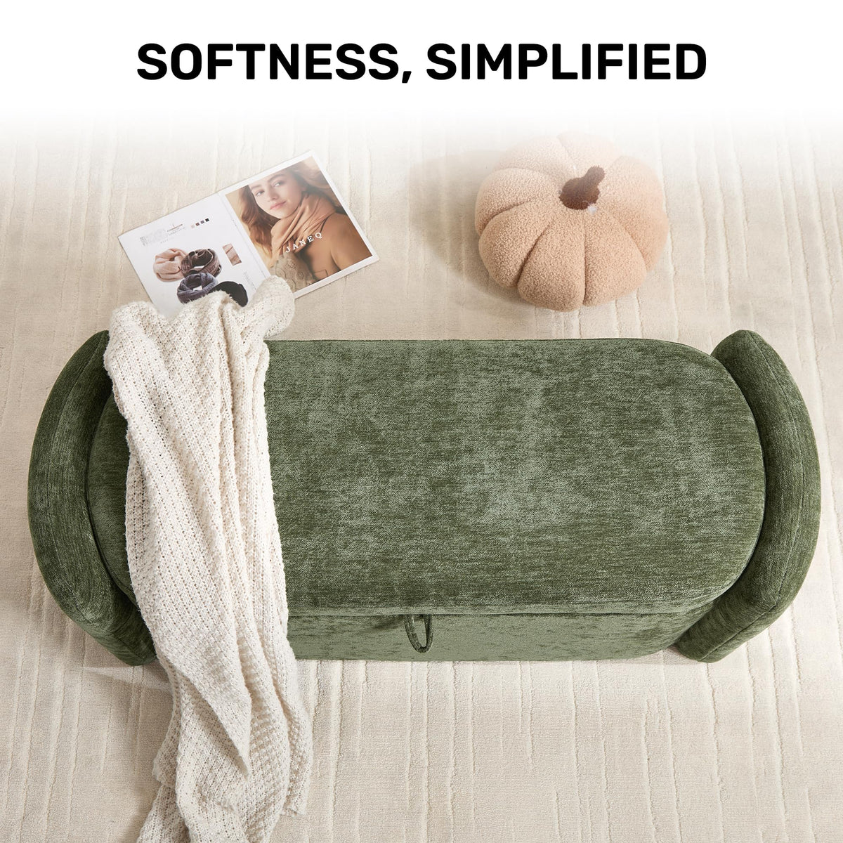 Green Chenille Upholstered Storage Ottoman Bench Y687