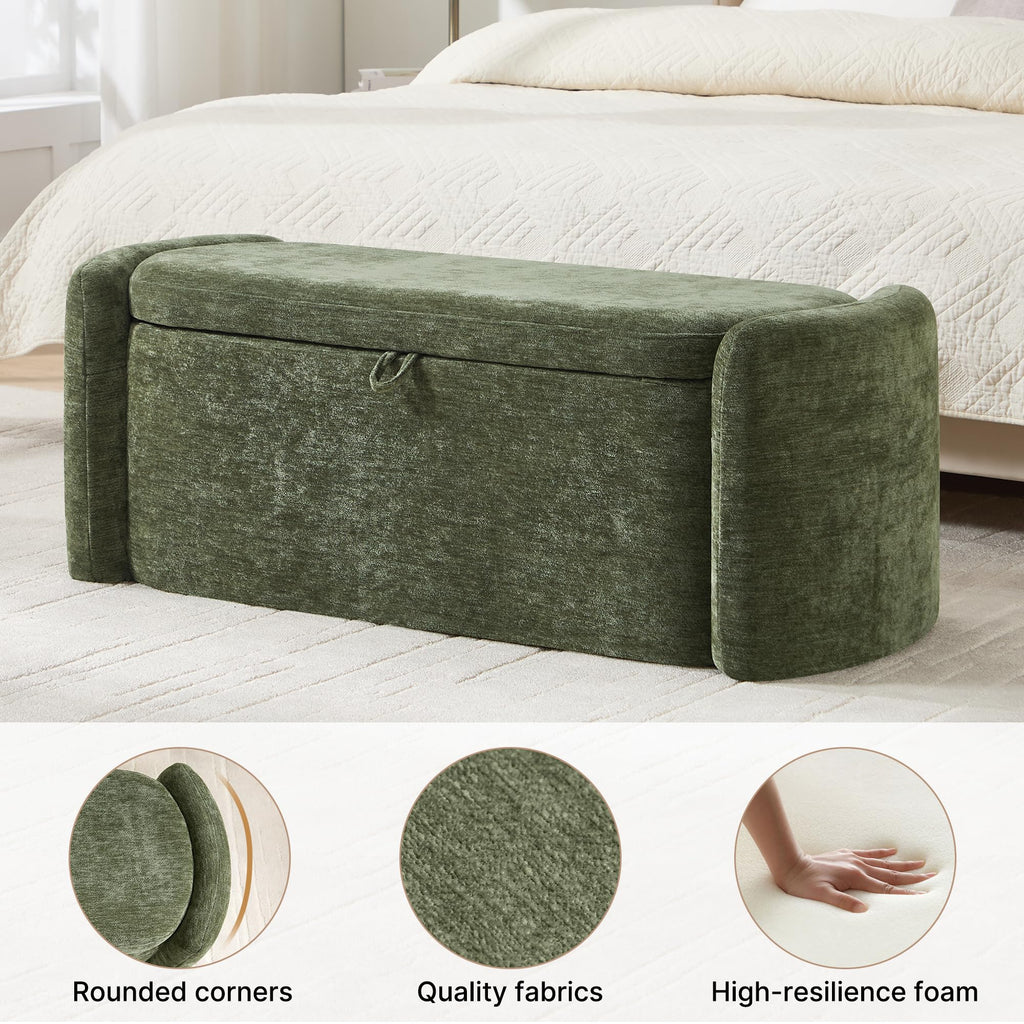 Green Chenille Upholstered Storage Ottoman Bench Y687